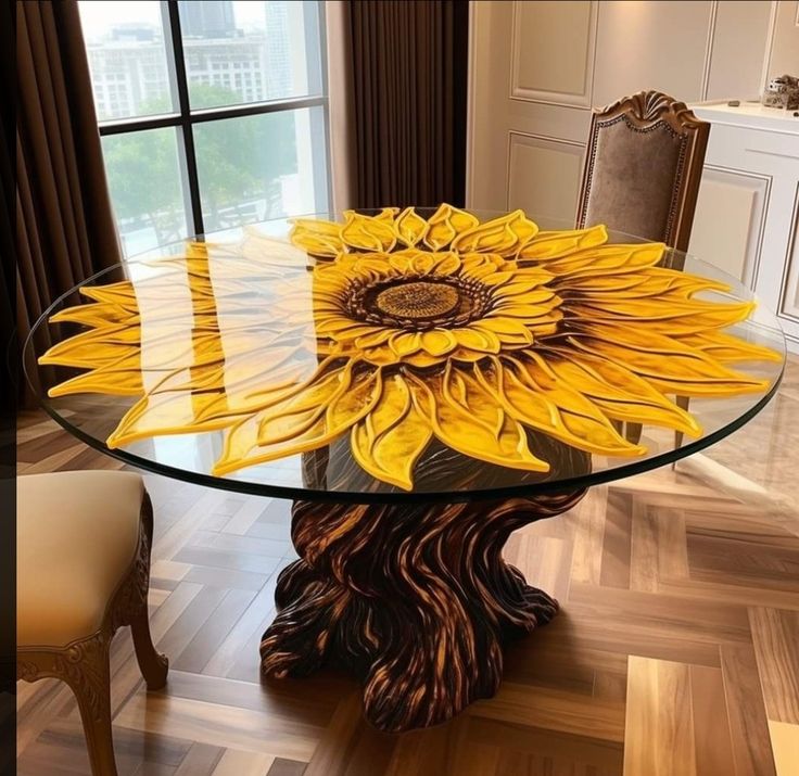 a glass table topped with a sunflower sitting on top of a hard wood floor