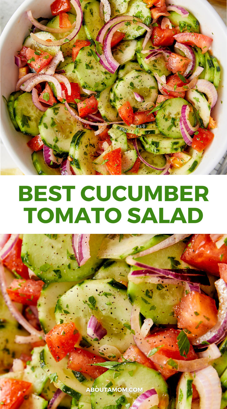 the best cucumber tomato salad is in a white bowl