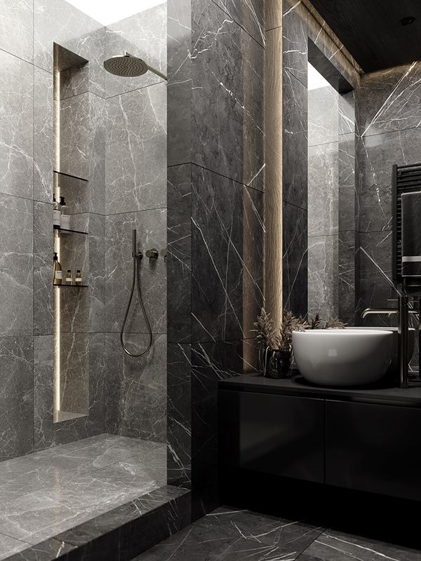 a modern bathroom with marble walls and floor