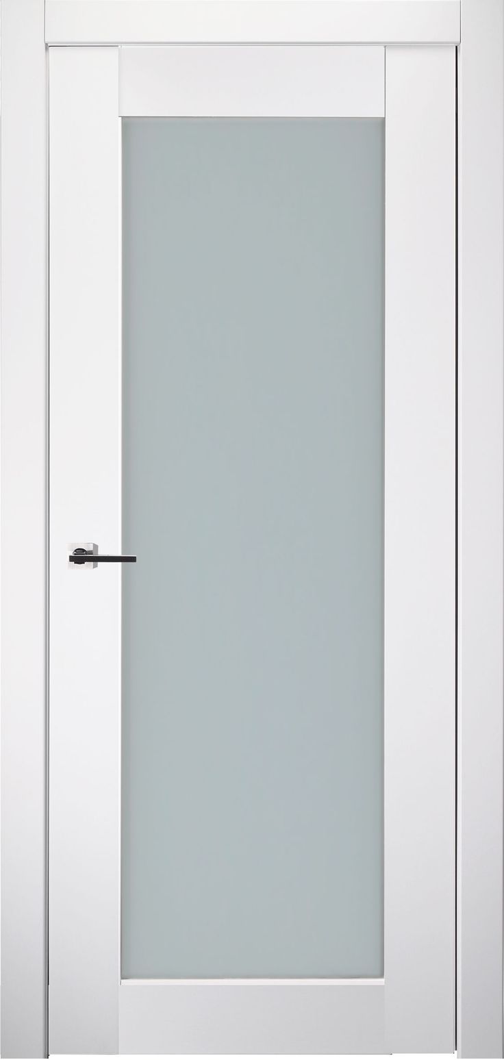 an open white door with a black handle on the front and side glass paneling