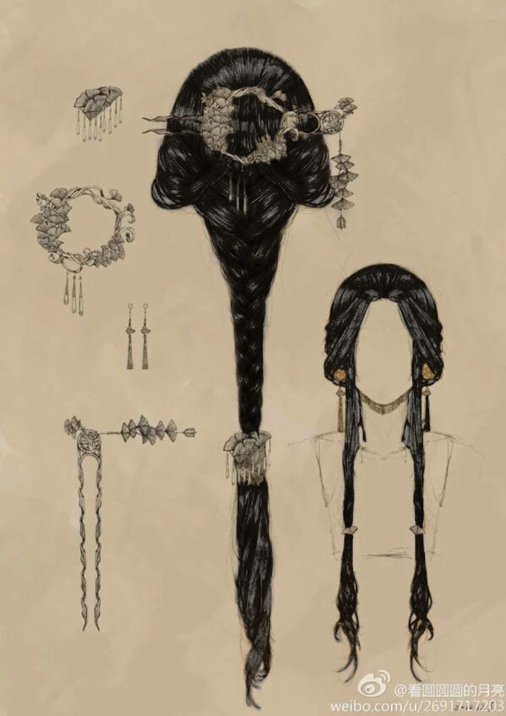 an artistic drawing of a woman's hair and accessories