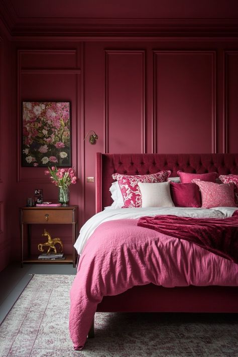 a bedroom with red walls, pink bedding and white pillows on the headboard