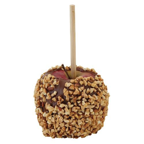 an apple covered in nuts with a wooden stick sticking out of it