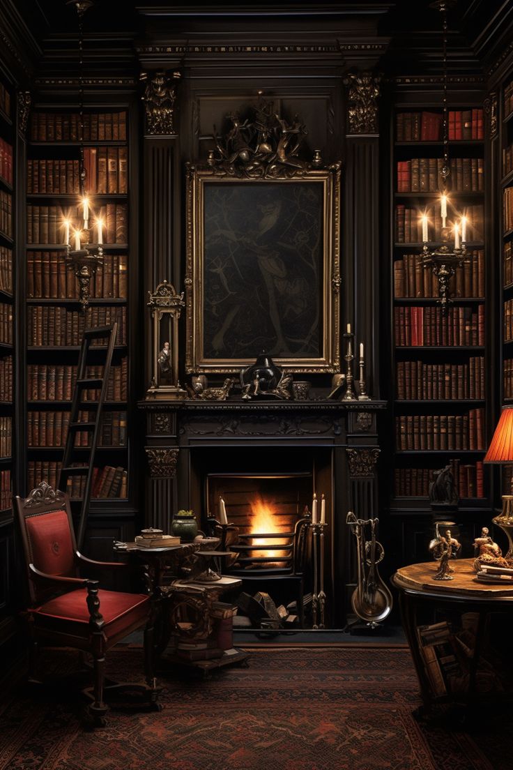 an old library with many bookshelves and a fire place in the center, lit by candles