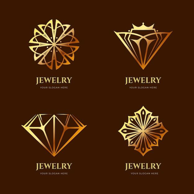 four different logos with diamonds and jewels in gold on a brown background stock photo - budget conscious logo design