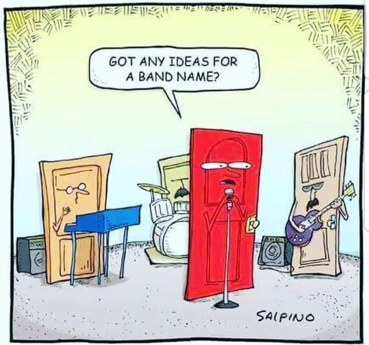 an image of a cartoon scene with two doors that say,'tenen alguna idea para el nombre de la band? '