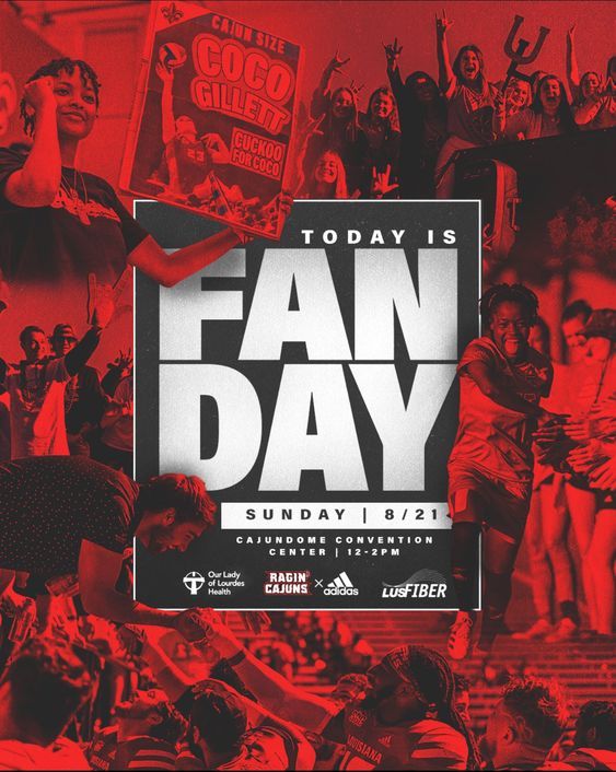 an advertisement for the fan day event with many people in red and black outfits holding up signs