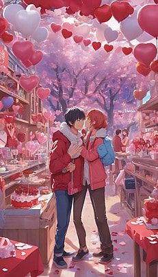 two people are kissing in front of many heart shaped balloons