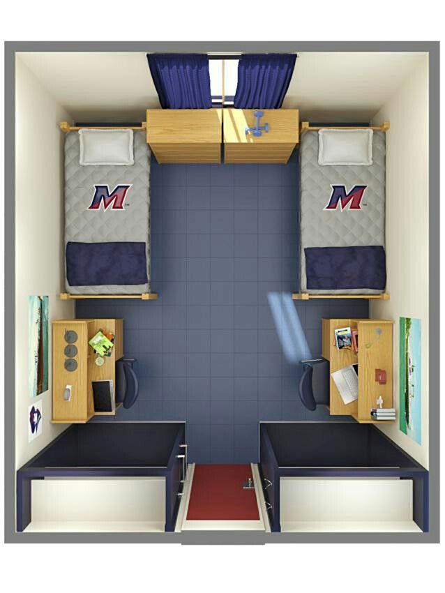 an overhead view of a bedroom with two beds and a desk in the corner,