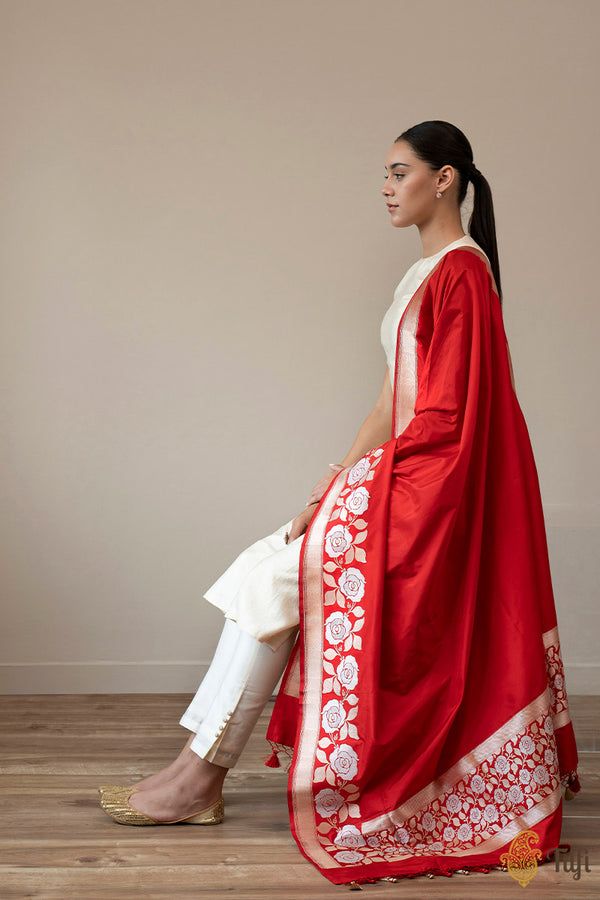 Suit With Banarasi Dupatta, How To Style Banarasi Dupatta, Benaras Dupatta, Embroidered Banarasi Silk Dupatta, Benarasi Dupatta, Traditional Dresses Indian, Traditional Indian Dress, Long Kurti Designs, Indian Dresses Traditional