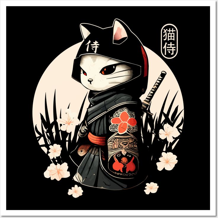 Show your love for Japanese art, samurai ninja kitten warriors and cats with this Samurai Ninja Cat shirt for women, men teens and kids. The stunning graphic in vintage Japanese samurai style, shows a Japanese cat with a sword of the samurai surrounded by flowers, the moon and the Japanese lettering - Samurai Cat 猫 侍. -- Choose from our vast selection of art prints and posters to match with your desired size to make the perfect print or poster. Pick your favorite: Movies, TV Shows, Art, and so m Samurai Cat Tattoo, Asian Suit, Japanese Lettering, Samurai Style, Samurai Ninja, Japanese Art Samurai, Ninja Cats, Surrounded By Flowers, Japanese Cat