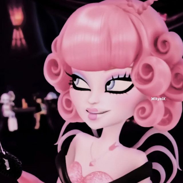 an animated image of a woman with pink hair