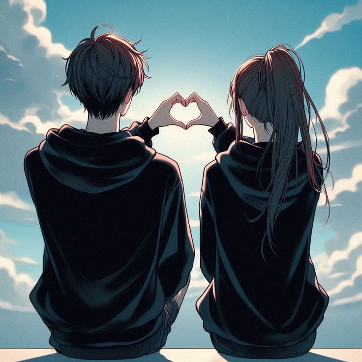 two people sitting in front of the sky making a heart shape with their hands together