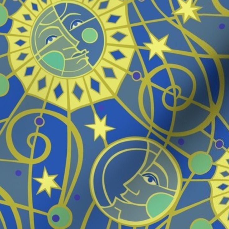 an image of a blue and yellow background with stars, moon and woman's face