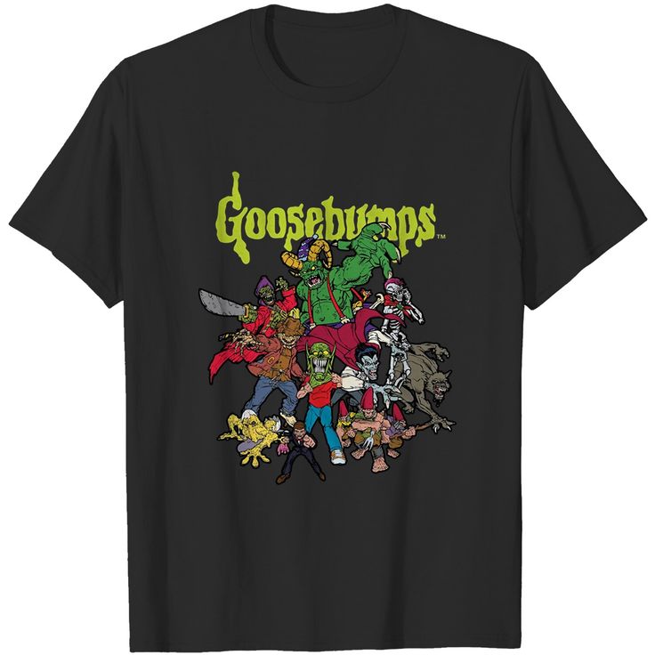 a black shirt with an image of zombies and other cartoon characters on the front that says goosebumps