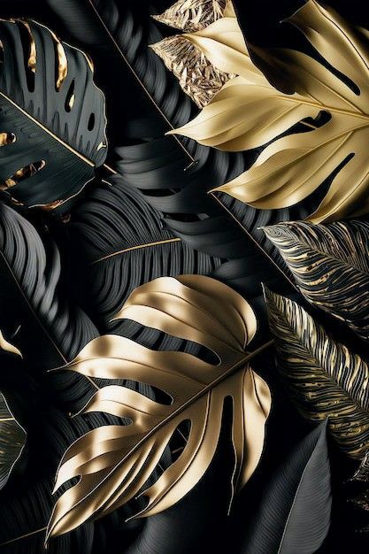 black and gold leaves are featured in this artistic photo, which looks like they have been painted