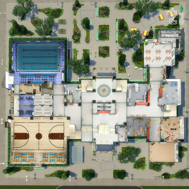 an aerial view of a basketball court and surrounding buildings with swimming pool in the center