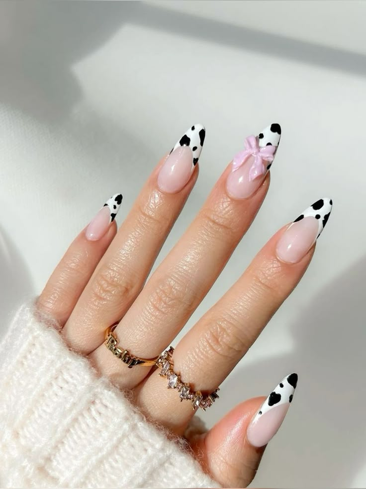 Glow In The Dark Cow Print Nails, Almond Nails Designs Cow Print, Almond Acrylic Nails Cow Print, Cow Print Birthday Nails, Farm Inspired Nails, Pink Cow Print Nails Almond, Cowgirl Almond Nails, Western Country Nail Ideas, Cowgirl Theme Nails