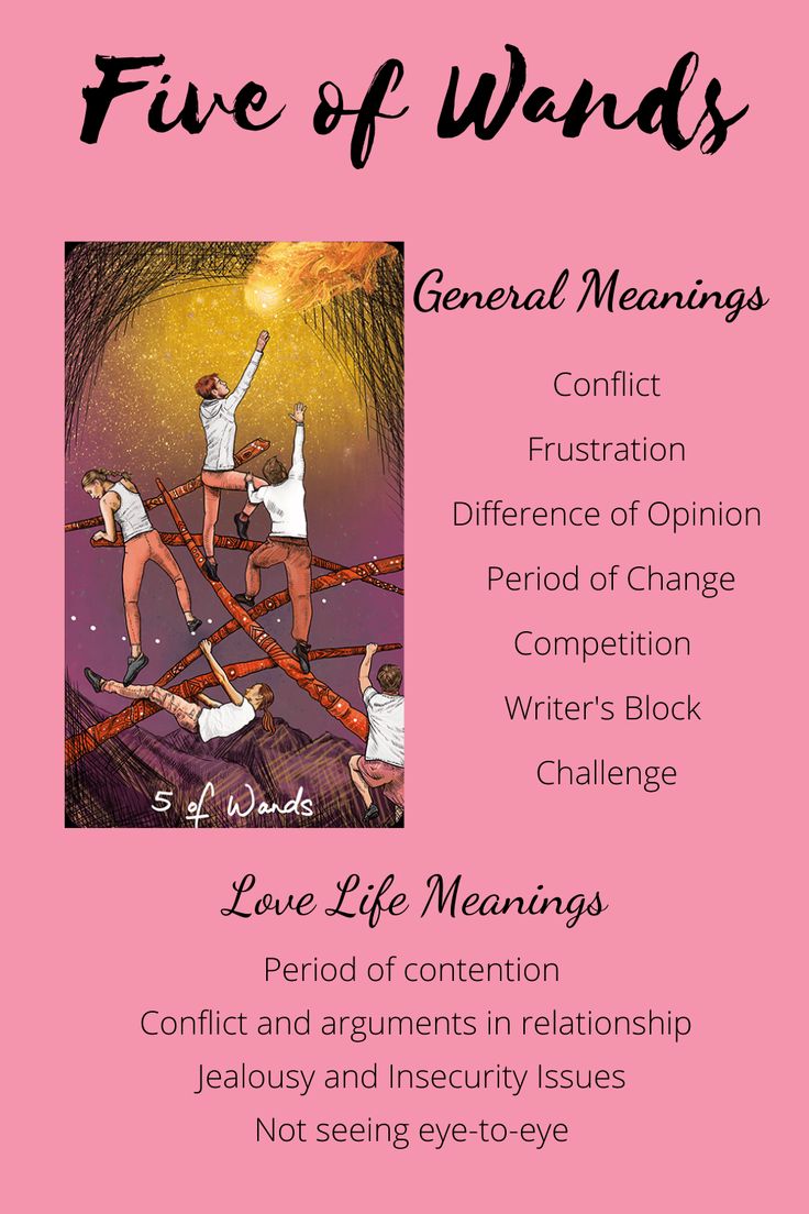 a pink poster with the words, five of wands and two women on it