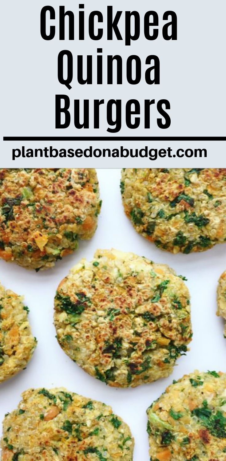 several small burgers with cheese and spinach on top, next to the words chickpea quinoa burgers