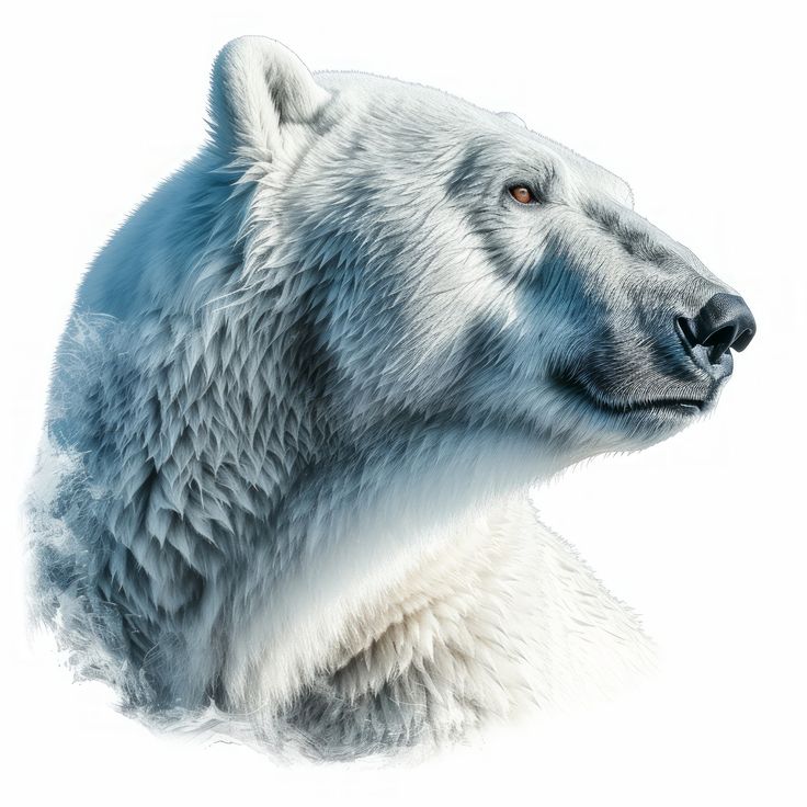 a white polar bear with orange eyes looking to the side, in front of a white background