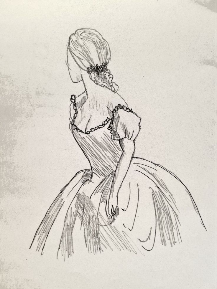 a black and white drawing of a woman in a dress with a chain around her neck