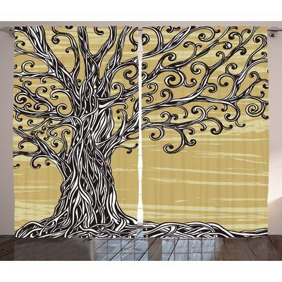 a tree with swirly branches is shown in front of a window curtain that looks like it