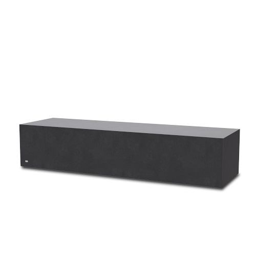 the soundbar is black and has an external speaker on it's back end