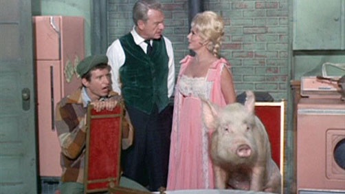 three people standing around a table with a pig in front of them and another man looking on