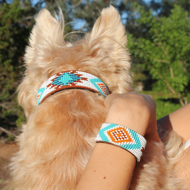 a small dog wearing a beaded bracelet on it's back paws in front of its owner