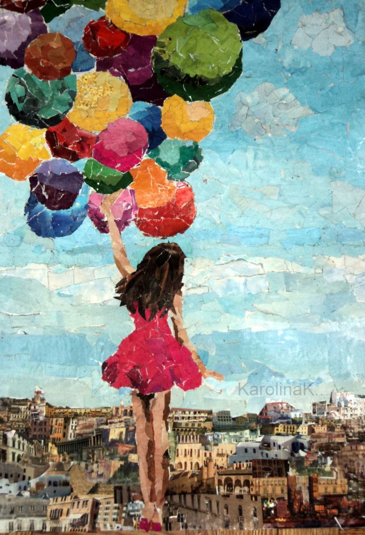 a painting of a girl holding up balloons