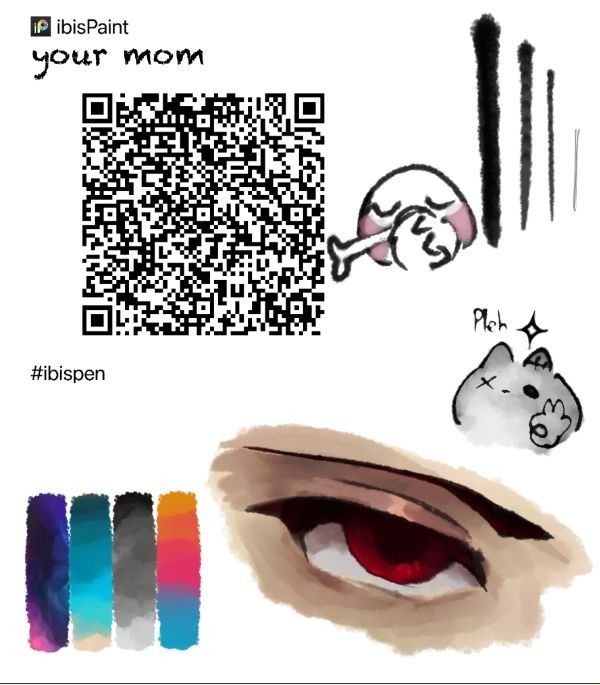 an eye with some colored pencils next to it and a qr code on the side