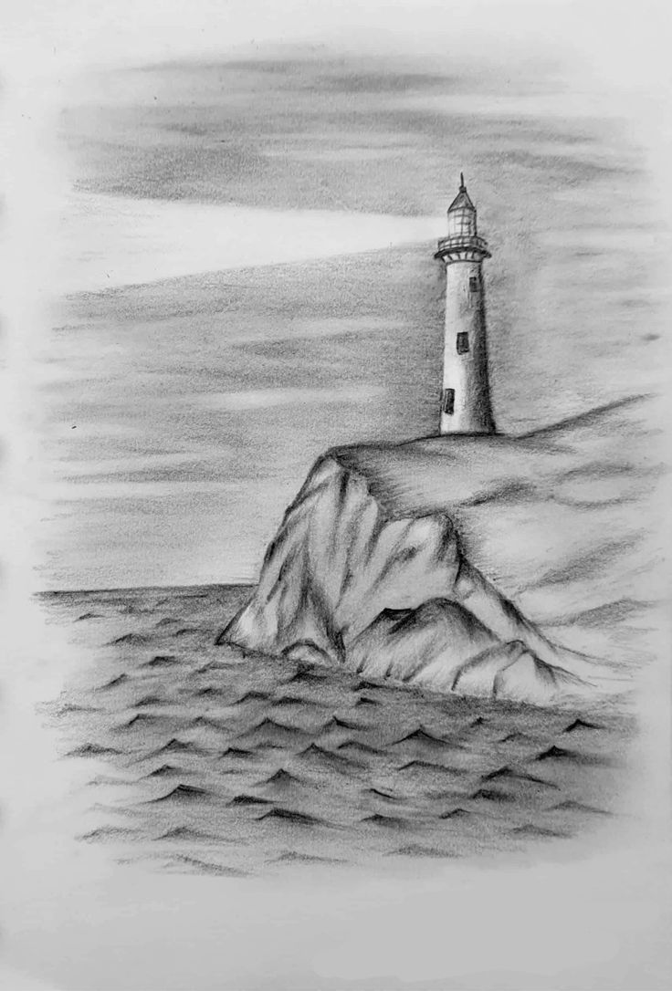 a drawing of a lighthouse on an island in the middle of the ocean with waves