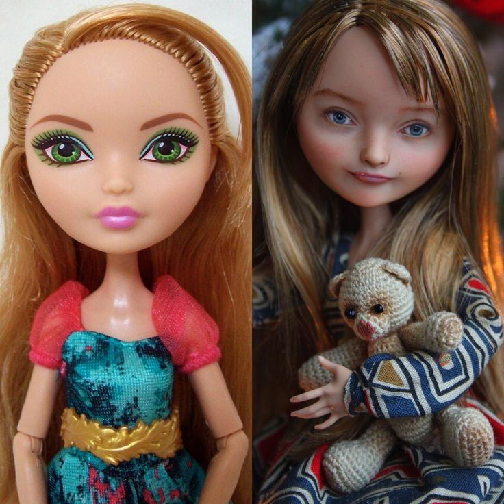 two dolls one with blonde hair and the other with green eyes, both holding a teddy bear