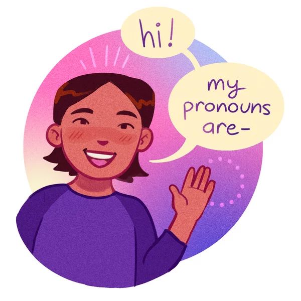 a woman with her hand up in the air and two bubbles above her saying hi, my pronouns are -