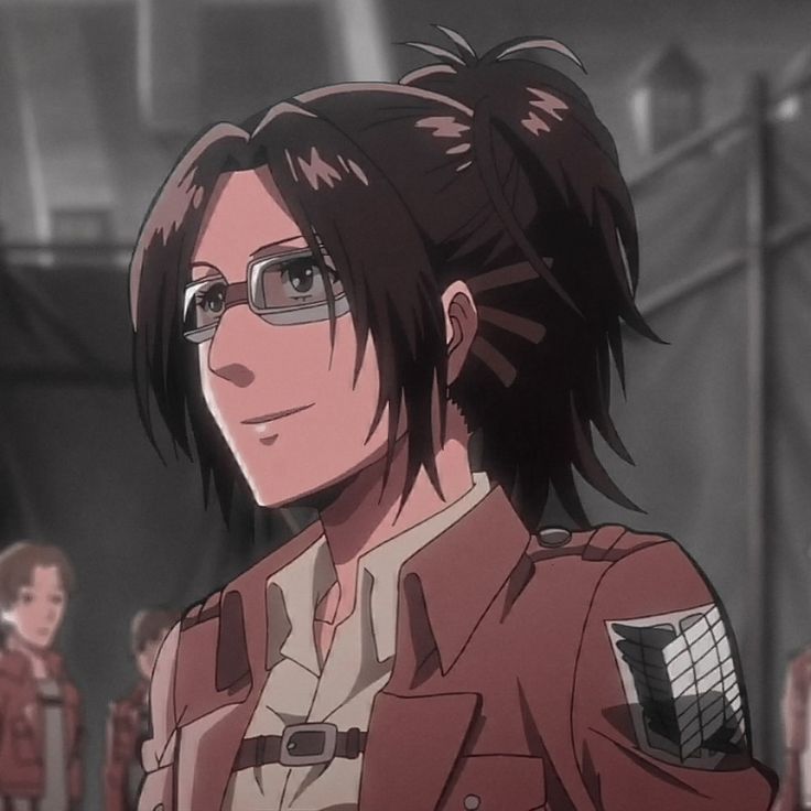 an anime character with glasses standing in front of other people