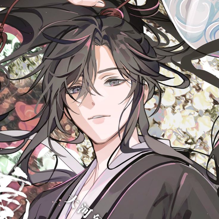 an anime character with long black hair and blue eyes, standing in front of flowers