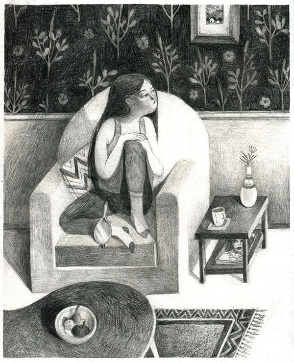 a drawing of a woman sitting on a couch