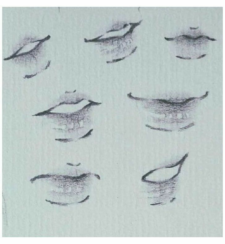 six different types of lips drawn in pencil