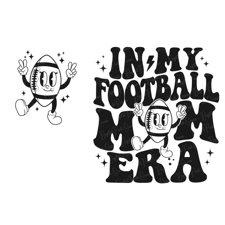 two black and white images with the words in my football mom era