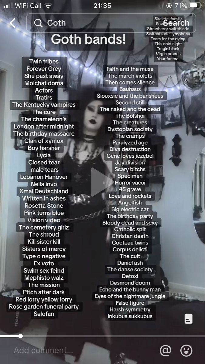 an image of goth band names on a cell phone screen with the caption goth bands