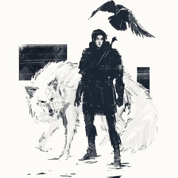 a man standing next to a white wolf on top of a snow covered ground with a bird flying over him