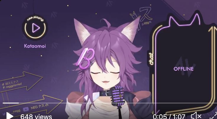 an anime character holding a microphone in front of a purple background with the words offline on it