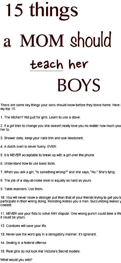 a poster with the words 15 things a mom should teach her boys