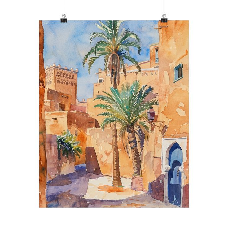 a painting of a palm tree in front of an adobe - style building with blue doors