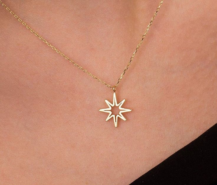 14k Solid Gold North Star Necklace, Dainty Vermeil Star Pendant, Sunburst, Minimalist Pole Star Necklace, Anniversary Gift, Christmas Gift - Etsy North Star Necklace, Minimalist Necklace Gold, Star Necklace Gold, Pole Star, Solid Gold Necklace, Special Jewelry, Necklace Dainty, North Star, Minimalist Necklace