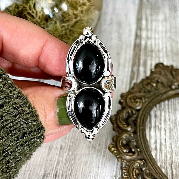 Mystic Moons Black Onyx Crystal Ring in Solid Sterling Silver- Designed by FOXLARK Collection Size 6 7 8 9 10 Black Onyx Crystal, Mystic Moon, Onyx Crystal, Black Onyx Ring, Savannah Ga, Crystal Ring, Onyx Ring, Gothic Jewelry, Jewelry Gemstone