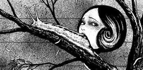 a black and white drawing of a woman peeking out from behind a tree