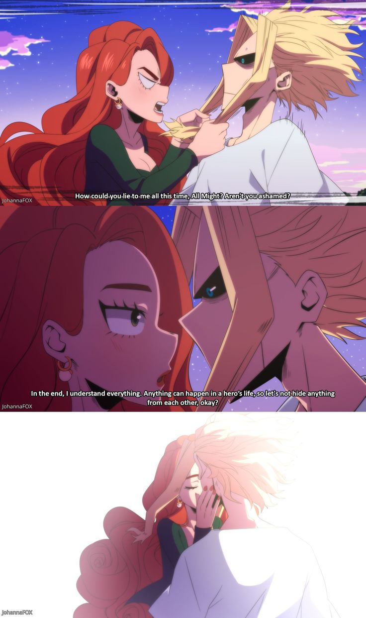 two anime characters, one with red hair and the other with blonde hair talking to each other