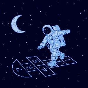 an astronaut in outer space is depicted on the surface of the moon and stars above it